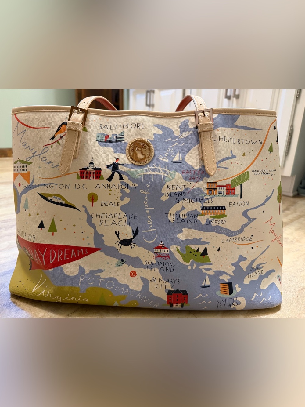 Spartina 449 Cream and Light Blue Map Print Tote